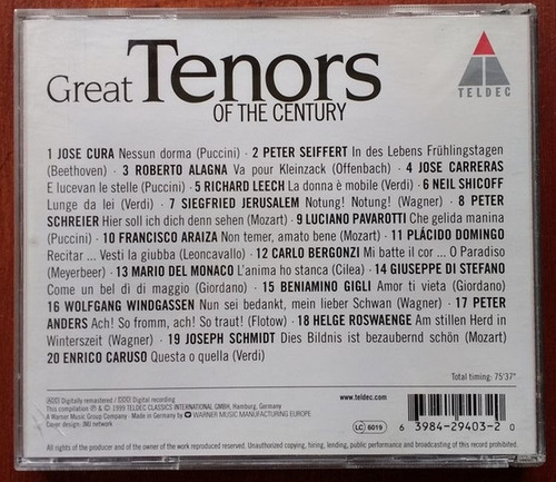 Imagem 2 de 2 de Cd (m) Great Tenors Of The Century Ed 1999 Alemanha Lacrado