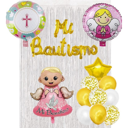 Kit Decoración Mi Bautizo Globos+cortina+banderin Rosa