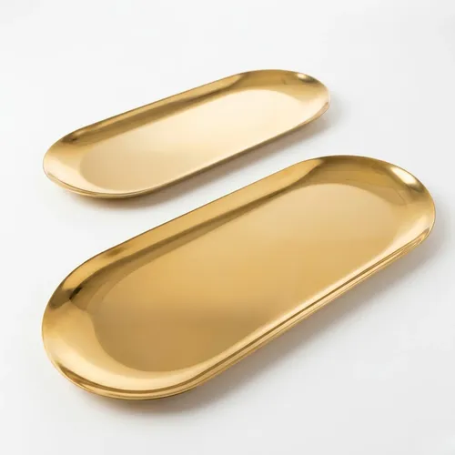 Kit Bandeja Metalica Dourada Decoracao Oval Inoxidavel