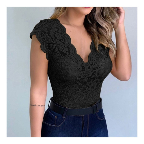 Body Sin Mangas Sexy Con Cuello En V Para Mujer Encaje Solid