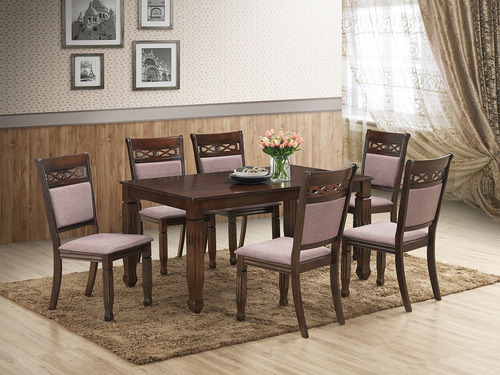 Juego De Comedor 100% Madera Maciza Estilo Clasico Marrón Liso