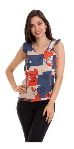 Blusa Crepe Estampada Regata Babadinho Vermelho Kinara