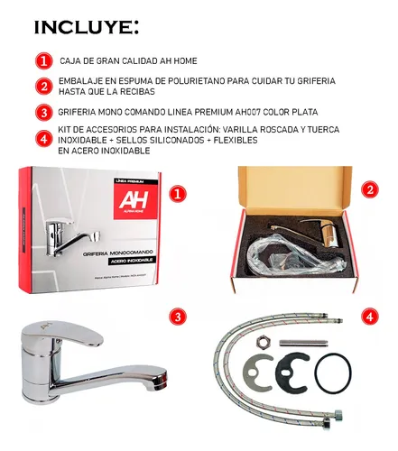 Griferia Premium Acero Inoxidable Monocomando Ah07 Ah Home