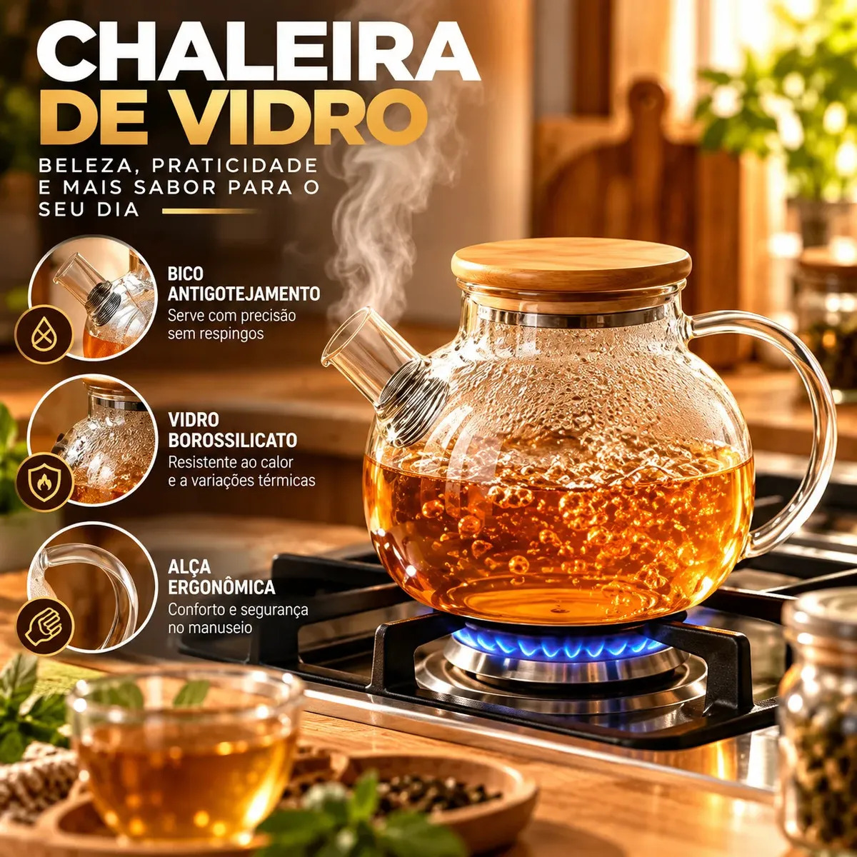 Chaleira de Vidro com Tampa Bambu Premium Borossilicato 1L Bule Café Chá