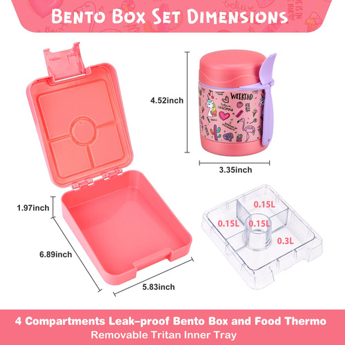 Lonchera Juego 4 Piezas Con Termo Recipiente Y Tarro Rosa