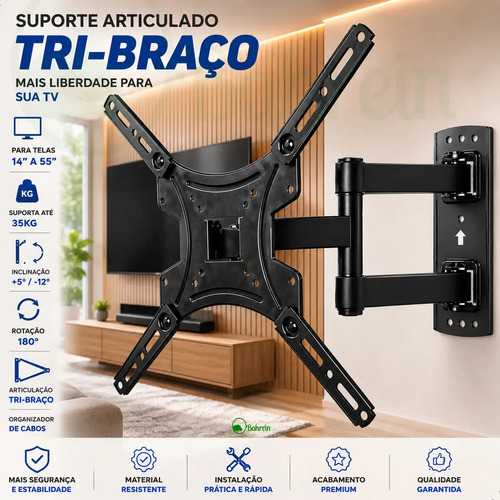 Suporte de TV Bahrein Articulado Tri-Braço para Telas de 14" a 55" Preto Suporte Tv Tri-articulado Braço Longo Reforçado Regulável E Inclinável Lcd Led Plasmas - Bahrein