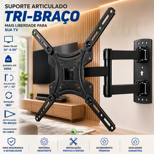 Suporte De Tv Bahrein Articulado Tri-braço Para Telas De 14 A 55 Preto Suporte Tv Tri-articulado Braço Longo Reforçado Regulável E Inclinável Lcd Led Plasmas