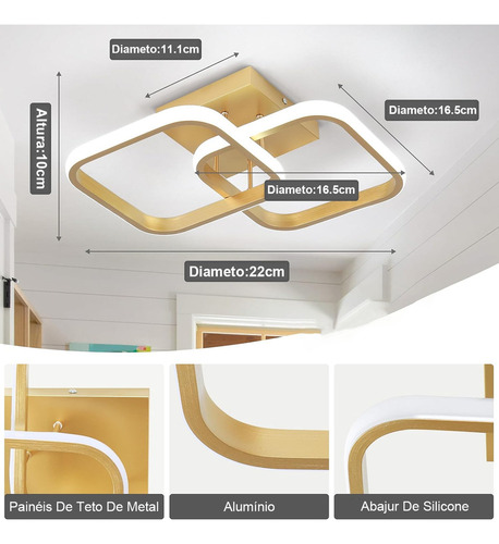 Plafon Luminária Led Moderno Duplo Quadrado Embutir Quarto