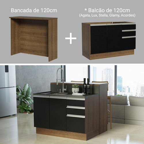 Isla de cocina con encimera y encimera, 120 cm, Glamy Madesa RP, color rústico/negro