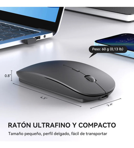 Ratón Inalámbrico 2.4g Rechargable Silencioso Portátil Usb Negro