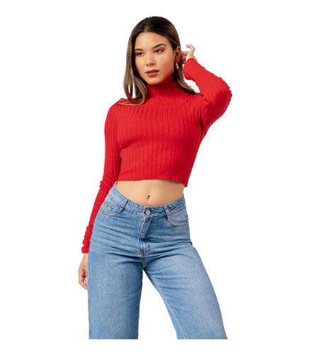 Chompa Crop Cuello Alto De Cashemira Color Rojo