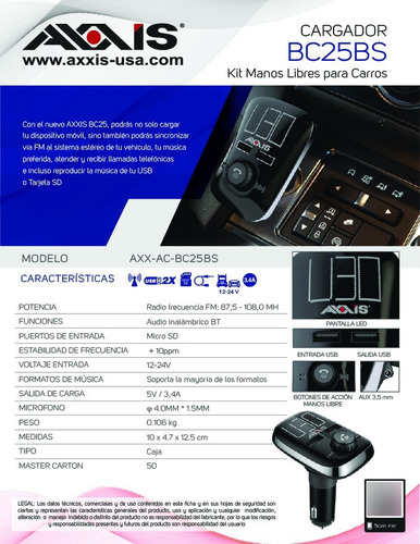 Imagen 3 de 10 de Sistema Manos Libres Bluetooth Para Carro Axxis Nuevo Origin
