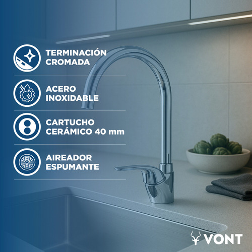 Griferia De Cocina Canilla Monocomando Baño Vont Vt003-gc Acabado Brillante Color Plateado