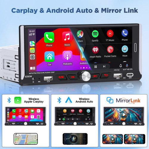 Autoestereos Pantallas Hoviz Auto Estéreo 1din Ips Hd Inalámbrico Carplay Android Auto Bt Fm Rds Rca Negro Estereo Pantalla 6.9 Pulgadas Reproductor Multimedia Auto Pantalla Para Auto H30