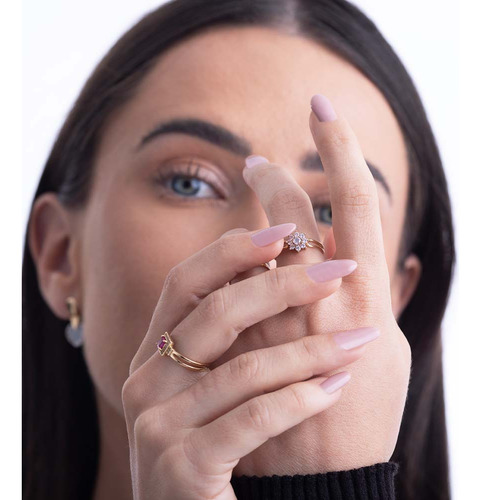 Anel De Flor Em Ouro 18k Com 34 Pontos De Diamante Aro 24
