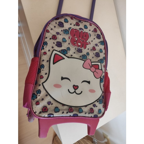 Mochila Escolar Con Carrito Y Rueditas Color Rosa Gatito 