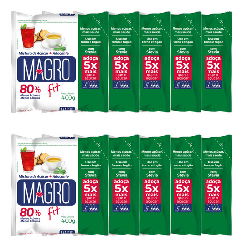 Açúcar Fit Com Stevia Sem Glúten Magro 400g - Kit Com 10