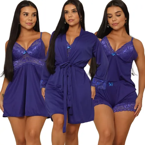 Kit Camisola Sexy Feminina + Baby Doll Luxo + Robe Com Renda