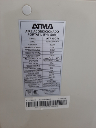 Aire Acondicionado Portatil Atma Frio (Usado)