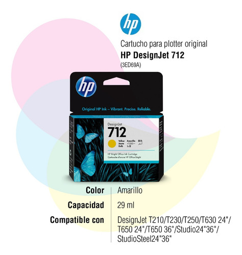 Imagen 2 de 4 de Cartucho Hp 712 Amarillo 29ml Designjet Hp T250 T650 Studio