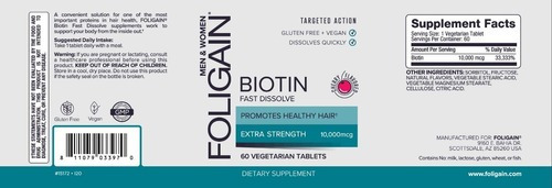 Foligain Biotina / Biotin Para Engrosamiento Del Cabello 10,000mcg Rápida Disolución Sabor A Cereza 60 Tabletas Comprimidas Vegetarianas