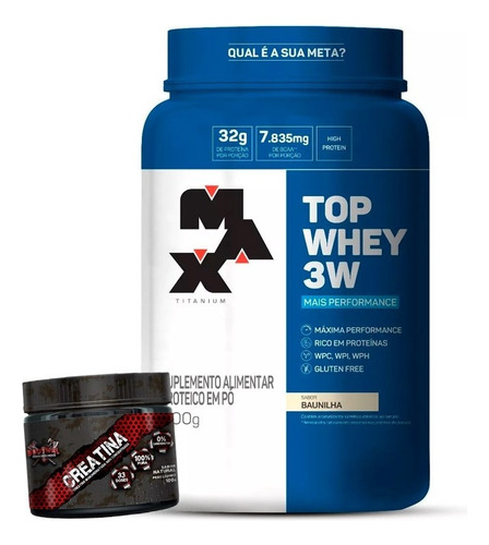 Top Whey 3w Mais Performance 900g + Creatina Pura Bruthal Sabor Chocolate