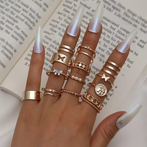 Set Conjunto Anillos Gold Geometrico