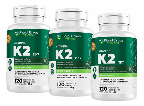 Kit 3x Vitamina K2 Mk7 - 120 Capsulas Cada - Sabor Sem Sabor