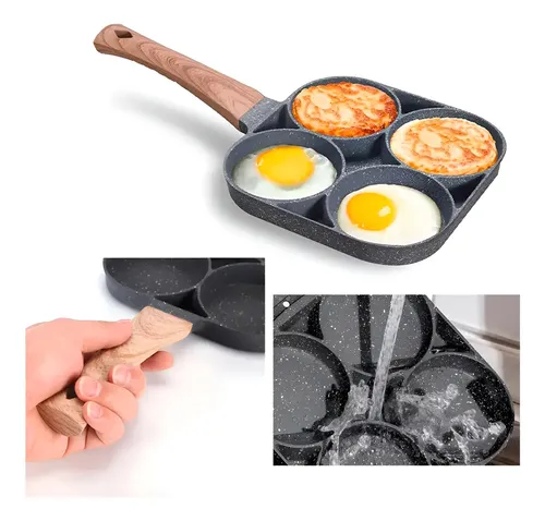 Sartén Para Huevos Fritos, Sartén Para Huevos Divididos De 3 Secciones Sarten Antiadherente 3 En 1 Para Panqueques Con Mango De Madera Para Estufa