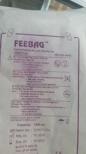 Bolsa O Fundapara Nutrición Enteral 1200ml Feed Bag Esteril 