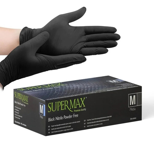 Luva Nitrílica Preta Supermax - 100 Und - Para Procedimentos