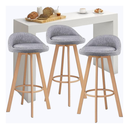 Set De 3 Sillas Giratorias Tapiz Tela Lino Pata Color Roble Lino Marrón Claro Gris
