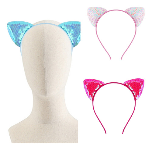 (pk) Diadema Con Orejas De Gato Con Lentejuelas Azules Para