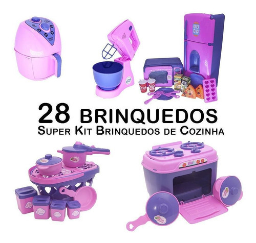 Kit Cozinha Infantil Geladeira Microondas Panelas Fogão 28pç