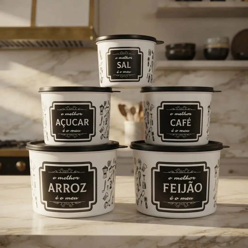 Kit Jogo 5 Potes Porta Mantimentos Alimentos Decorado Tampa Cor Preto