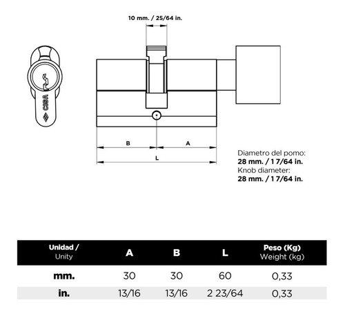 Cilindro Cisa 60mm Llave - Perilla