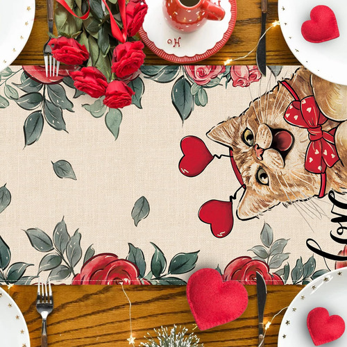 Mantel De Gato Con Corazones Para San Valentín 13x72 Pulgada