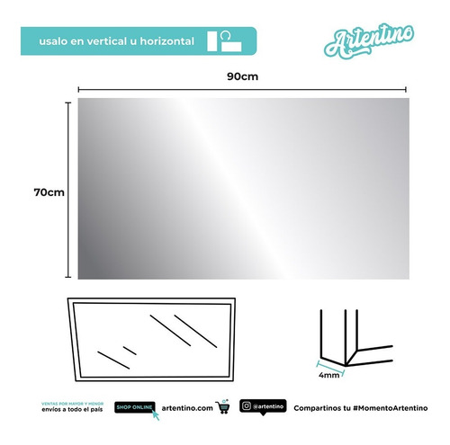 Imagen 4 de 10 de Espejo Pared Rectangular Baño Living 90x70 Listo Colgar 4mm