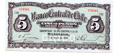 Billete De Chile 5 Pesos 2 De Junio De 1930 Xf+