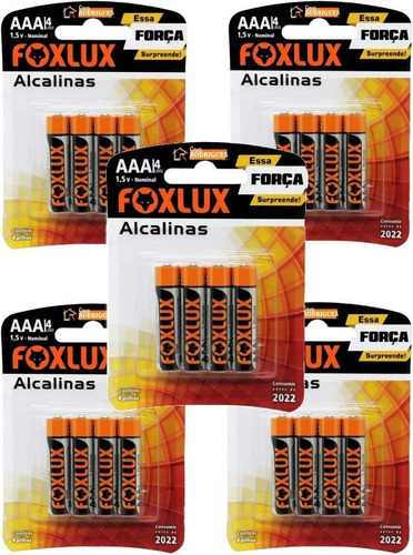 Kit 5 Cartela Pilha Palito Alcalina Aaa C/4 Unid Foxlux