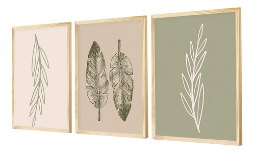 Kit 3 Quadros Para Decoração Ramos Folhas Minimalista Quarto Folhas Verdes Bege