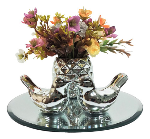Decoração Sala Vasinho Com Flor Artificial, Bandeja Espelho Cor Prata