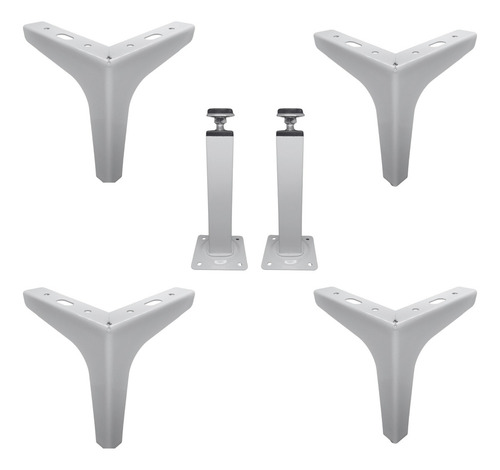 4 Pés De Canto + 2 Pés Centrais Branco De Aço 15cm P/ Móveis