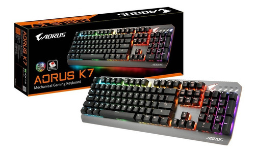 Teclado gamer Gigabyte AORUS K7 QWERTY Cherry MX Red inglés color gris y negro con luz RGB