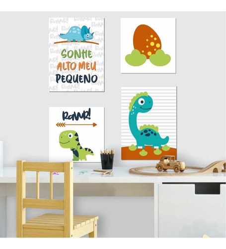 Kit Quadro Placa Decorativa Mdf Quarto Infantil Dino 4 Peças