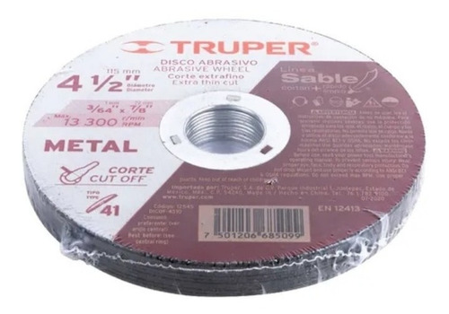 Imagen 2 de 3 de Disco De Corte 1mm Extrafino Truper Metal 4.1/2 Caja 10 Pzs