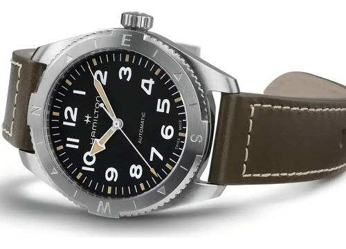 Reloj Hamilton Ha70315540 Khaki Field Expedition Auto Correa Marrón Bisel Plateado Fondo Negro