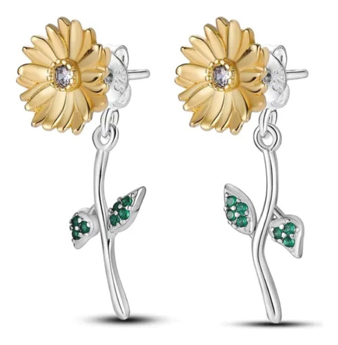 Aretes Forma Girasol Con Tallo De Plata Ley 925