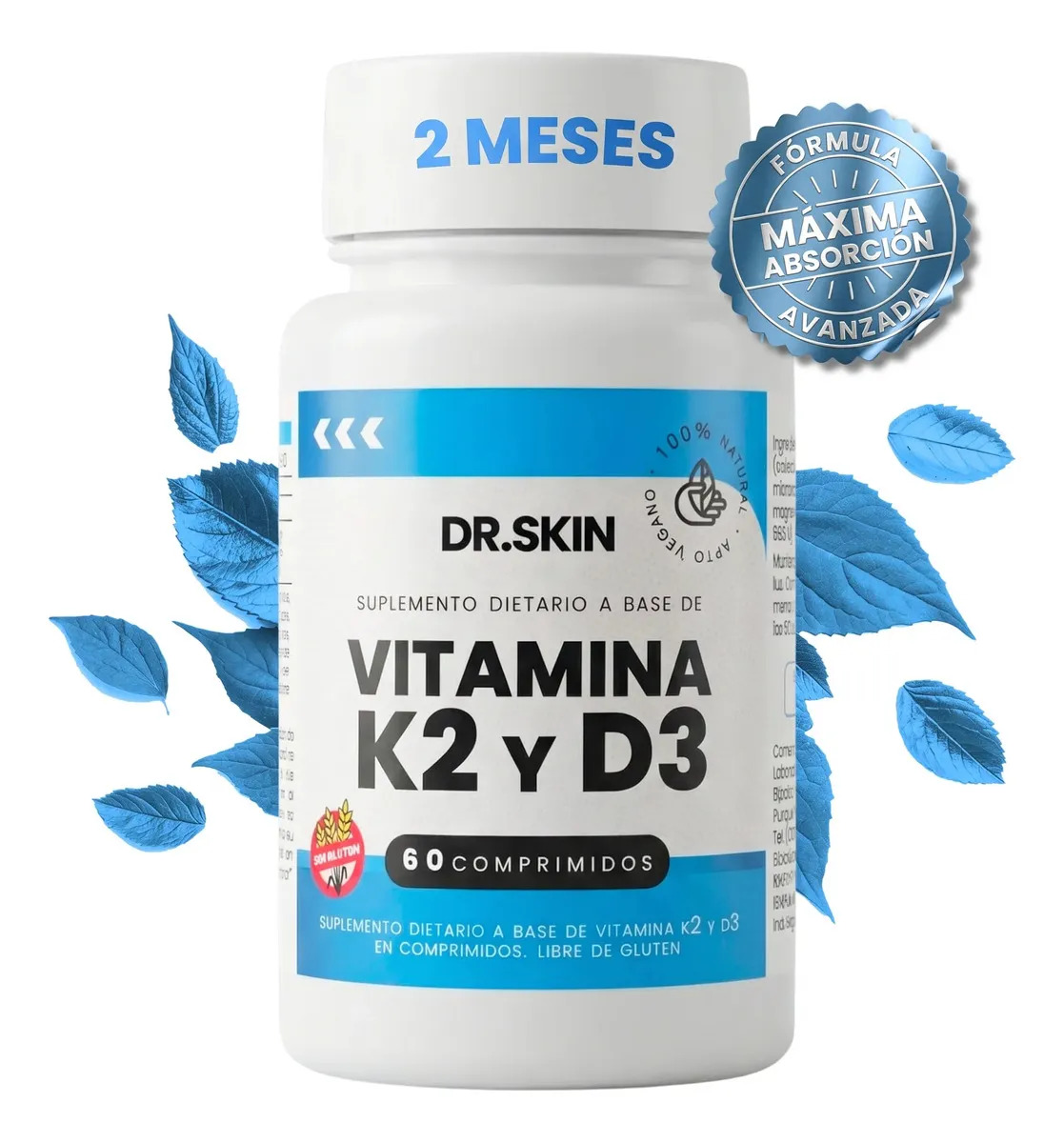 Vitamina D3 + K2 | 4000 UI + 200 Mcg MK7 | 2 Meses | 60 Comprimidos | Dr Skin | Fortalecé Tus Huesos Y Dientes, Mejorá La Absorción Del Calcio Y Reforzá Defensas! Inmunidad Y Energía | Colecalciferol