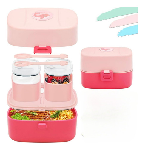 Set De Viandas Infantil Lunchera Con Cubiertos Hermética Rosa